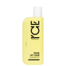 Frasco de shampoo amarelo da marca Ice Professional, com rótulo preto em destaque, para cabelos opacos e frisados.