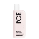 Frasco branco com rótulo preto da marca Ice Professional, contendo condicionador para cabelos muito danificados, com informações de pH e finalidade impressas.