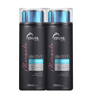 A imagem mostra dois frascos de shampoo da marca Truss. Os frascos são pretos e apresentam detalhes em rosa e um brilho metálico azul na parte superior transparente.