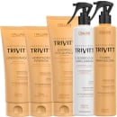 A imagem mostra uma linha de produtos para cabelos da marca Itallian Hairtech. Os produtos incluem shampoo pós-química, condicionador, creme de hidratação intensiva, fluido para escova e um produto chamado "O Segredo do Cabeleireiro".