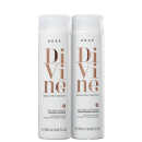 Produtos de tratamento capilar da linha Divine, da marca Braé. Na imagem, consta um shampoo e um condicionador com ação antifrizz.