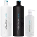 São produtos da linha Hydre da marca Sebastian Professional: shampoo com frasco preto, Um tubo branco de condicionador e outro com a máscara. As embalagens apresentam o logotipo e nome da marca em letras pretas e azuis.
