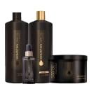 A imagem mostra produtos Dark Oil da Sebastian Professional. Há quatro itens: shampoo, condicionador, máscara e óleo capilar. Os frascos e potes são de plástico preto fosco com detalhes dourados.