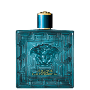 Frasco de perfume Versace Eros, com design geométrico em tons de azul e dourado, destacando o emblema da marca. Embalagem elegante e sofisticada, com informações do produto impressas.