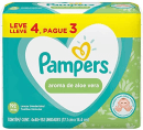 Caixa de lenços umedecidos Pampers com aroma de aloe vera, contendo 192 unidades em formato retangular com cores verde e amarela predominantes.
