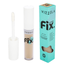 Produto de maquiagem corretiva da marca Vizzela, em embalagem de tubo branco e caixa de papelão na cor turquesa, com o nome "Fix" impresso em preto.