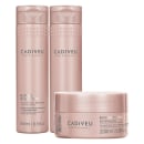 3 produtos da linha dispostos lado a lado, embalagens na cor rosa claro com letras prateadas.