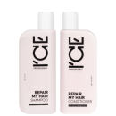 Dois frascos brancos de produtos para cabelos da marca Ice Professional: um shampoo e um condicionador, ambos com rótulos pretos e brancos indicando "Repair My Hair".