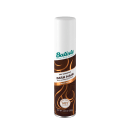 O produto apresentado é um seco shampoo da marca Batiste para cabelos escuros. A embalagem é um frasco branco cilíndrico com o nome da marca e o tipo de produto "Dark Hair" impresso em verde e marrom. O frasco contém 120g de produto