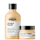 A imagem mostra dois produtos de L'Oréal Professionnel Serie Expert Absolut Repair. Um é um shampoo profissional em uma embalagem plástica bege opaca com detalhes pretos. O outro é uma máscara profissional em um pote bege.