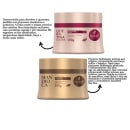 A imagem mostra um kit com duas máscaras capilares, sendo uma da linha Queratina e outra da linha Mandioca. Ao lado textos destacam benefícios.