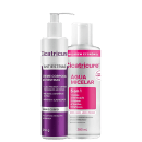 Cicatricure Antiestrias Creme Corporal 250g e Água Micelar 5 em 1 380mL, embalagens brancas com detalhes em roxo, apresentando informações sobre os benefícios e funcionalidades dos produtos.