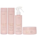 A imagem mostra uma linha de produtos para cabelos da marca Braé chamada "Glow Shine". Inclui dois frascos de shampoo e condicionador, um spray de realce do brilho em um frasco com borrifador branco e uma máscara capilar, todos são cor de rosa.