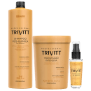 Um shampoo pós-química de 1L, uma máscara capilar de 1kg e um reparador de pontas com 30ml.