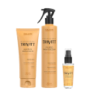 A imagem mostra três produtos da marca Itallian Hairtech: um frasco de spray com rótulo "Fluido para escova", um tubo de creme com rótulo "Leave-in hidratante" e um frasco de sérum com rótulo "Reparador de pontas".