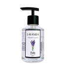 Frasco de sabonete líquido Lavanda da marca Sallie Body & Home, com bomba dosadora preta, rótulo branco com texto em preto e ilustração de um buquê de lavanda.