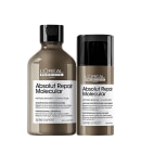 A imagem mostra dois produtos da L’Oréal Professionnel. Um frasco de shampoo arredondado e tampa preta e um frasco de máscara leave-in mais comprido e arredondado, com tampa preta. Ambos em embalagem marrom e rótulos brancos.