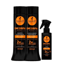 A imagem apresenta dois frascos pretos de 300ml cada, um shampoo engrossador e um condicionador engrossador, com rótulos laranja e detalhes em branco. Também há um frasco preto menor de 120ml com um fluido engrossador com um borrifador.