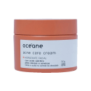A imagem mostra a embalagem do creme hidratante facial Océane Acne Care Cream. O produto vem em um pote de plástico na cor terracota com um rótulo branco e letras pretas descrevendo nome, marca e ativos.