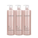 3 produtos da linha dispostos lado a lado, embalagens na cor rosa claro com letras prateadas. 2 shampoos e 1 condicionador.