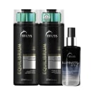 Kit com shampoo e condicionador Equilibrium, além de óleo capilar Illuminatte Oil, da marca TRUSS.