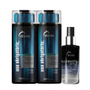 Conjunto de produtos de cuidados capilares da marca Truss, incluindo shampoo, condicionador e óleo nutritivo em embalagens pretas e azuis com detalhes em branco. O óleo é chamado de "Illuminate oil" e promete nutrir e reparar os cabelos.