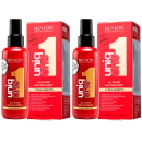 Dois frascos de leave-in All in One da linha Revlon Professional Uniq One. Contém 150ml do produto. As embalagens são caixas retangulares vermelhas com detalhes em branco e amarelo.