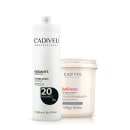 Dois produtos da marca Cadiveu Professional: um frasco branco de 900 ml de Oxidante Estabilizado e um pote branco de 500g de Pó Descolorante Buriti Mechas.