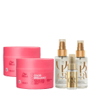 A imagem mostra dois potes redondos de máscara capilar de 150ml, e três frascos de óleo capilar, dois com rótulos brancos e um com rótulo dourado.