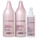 A imagem apresenta três produtos da L’Oréal Professionnel: dois frascos (500ml) rosa claro, e um spray branco e rosa, para cabelos coloridos.