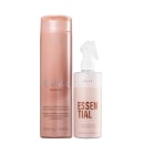 Shampoo Revival da marca Braé em embalagem cilíndrica rosa de 250 ml. Fluido reparador capilar Essential da mesma marca em frasco spray rosa claro, capacidade de 260 ml.
