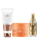 A imagem mostra um condicionador em embalagem bisnaga, um pote redondo laranja de máscara capilar e um frasco com rótulo dourado de óleo capilar.