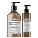 A imagem mostra dois produtos da L’Oréal Professionnel. Um frasco de shampoo arredondado e um de sérum mais comprido, em embalagens marrom, rótulos brancos e pump preto.