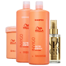 Produtos de cuidado capilar Wella Professionals. Dois frascos grandes de 1 litro cada, contendo shampoo e um condicionador. Um frasco menor de 500ml de máscara capilar da mesma linha. Um pequeno frasco dourado de óleo capilar.
