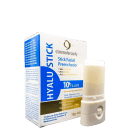 Preenchedor facial em bastão da marca Cosmobeauty. A embalagem é uma caixa branca com detalhes em azul, exibindo o nome "Hyalu Stick" e informações sobre o produto, como "Filler 10+" e "Dermatologicamente testado". O bastão possui um aplicador na ponta.