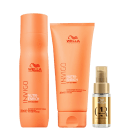 Kit com shampoo e condicionador Invigo Nutri-Enrich, além de um óleo capilar Oil Reflections de Wella Professionals.