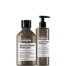 A imagem mostra dois produtos da L’Oréal Professionnel. Um frasco de shampoo arredondado e tampa preta e um frasco de sérum mais comprido com pump preto. Ambos em embalagem marrom e rótulos brancos.