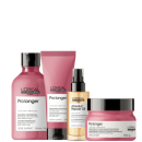 A imagem mostra um kit da L'Oréal Professionnel Pro Longer com um frasco arredondado de shampoo, uma bisnaga com condicionador, um frasco plástico dourado com aplicador preto e pote arredondado de máscara.
