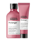 A imagem mostra um kit da L'Oréal Professionnel Pro Longer com um frasco arredondado de shampoo e  com uma bisnaga de leave-in, ambos de cor rosa escuro, rótulo branco e tampa preta.