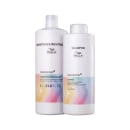 Dois frascos brancos da linha Color Motion da Wella Professionals, um de condicionador/revitalizante e outro de shampoo, com rótulos indicando as funções de proteção e revitalização da cor.