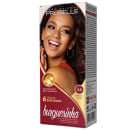 Coloração de cabelos tonalizante Castanho Médio 4.0. sem amônia da marca Probelle. Embalagem retangular com fundo vermelho e detalhes dourados. Apresenta a imagem de uma mulher sorridente com cabelos castanhos médios.