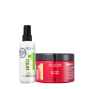 A imagem mostra dois produtos de tratamento capilar da linha Revlon Professional. Um leave-in líquido chamado "Uniq One All In One Hair Treatment". O outro é uma máscara capilar chamada "All In One Hair Mask".