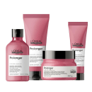 A imagem mostra 4 produtos de L'Oréal Professionnel Pro Longer. Os produtos incluem um shampoo em um frasco plástico rosa de 300ml, um condicionador e um leave-in em um tubo rosa e uma máscara em um pote rosa de 250g.
