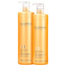 Shampoo 980ml e cera nutritiva 500ml. Ambos em embalagem cilíndrica com válvula pump. Frasco cor laranja com letras prateadas.