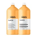 A imagem mostra dois frascos de plástico amarelo da linha NutriOil da L'Oréal Professionnel. São shampoo e condicionador, eles têm formato cilíndrico com tampa branca.