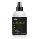 Produto de tratamento capilar Curly Plex da linha Curly Care. Frasco plástico branco e preto com aplicador spray. Rótulo preto com detalhes em verde, indicando "Curly Plex Reconstrução Profissional 2 Infusão".