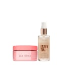 A imagem mostra dois produtos de cuidados capilares da marca Braé. Um é um pote rosa e pequeno, com proteína concentrada. O outro é um frasco transparente, com o rótulo escrito "Essential"