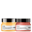As duas máscaras estão dispostas lado a lado em frascos redondos de tampa preta. NutriOil possui 250ml e cor amarela, Inforcer possui 250g em cor vermelha.