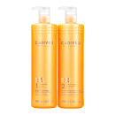 São dois frascos de plástico amarelos da linha Nutri Glow da marca Cadiveu Professional. Um frasco é rotulado como "Shampoo" e o outro como "Condicionador". Ambos têm bombas dosadoras brancas no topo. Os frascos têm 980ml e formato cilíndrico.