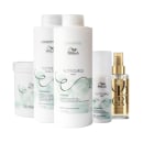 Conjunto de produtos Wella Professionals Nutricurls, incluindo shampoo, condicionador e bálsamo para cachos, em embalagens brancas com detalhes em verde e dourado. Também há um frasco dourado de óleo para cabelos.